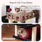 Cat Tree with Tunnel, Cat Tower for Indoor Cats, Tall Gothic Cat Tree Tower with Cat Condo, Food Station, Large Platform, Scratching Posts, Hammock, Black and Red GCT021BR