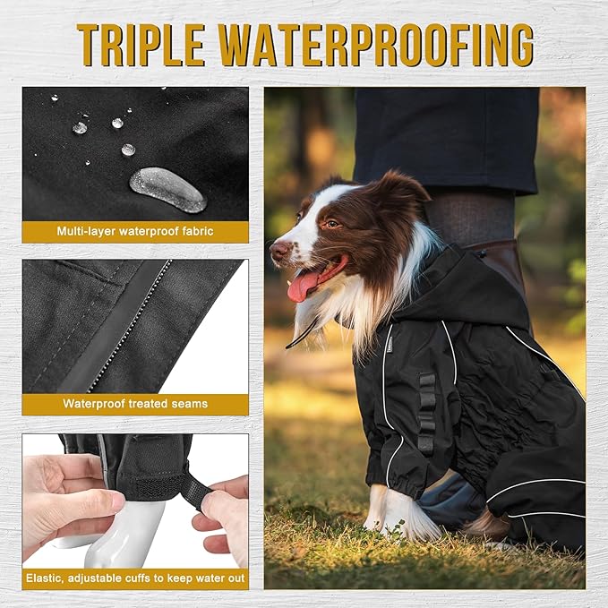 OneTigris Dog Raincoat with Hood for Medium Large Dogs, Waterproof & Reflective, 4 Legs Dog Rain Jacket Adjustable Puppy Poncho for The Rain and Snow (Black, Large)