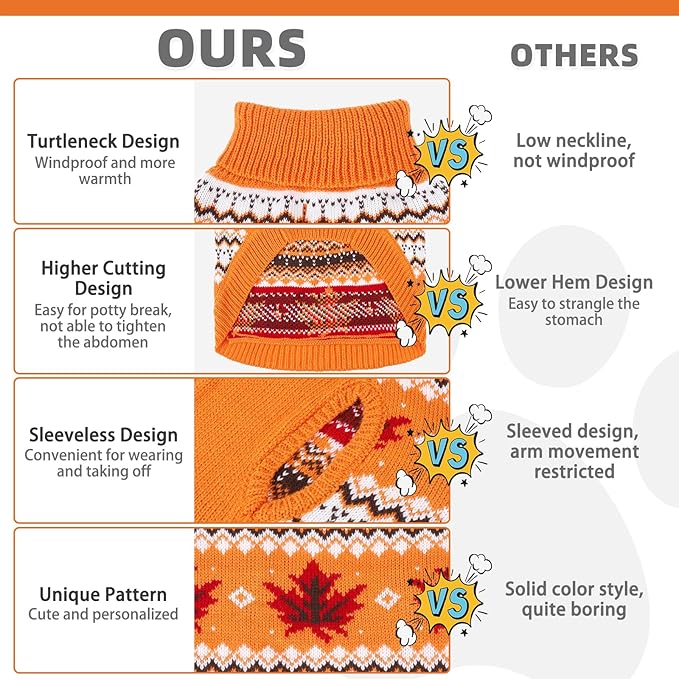 KOOLTAIL Cable Knit Dog Sweater Turtleneck, Cold Weather Pullover Classic Knitwear, Snowflake Pattern Thick Warm Winter Pet Clothes,Dog Christmas Sweater for Small Medium Large Dogs,Orange XL