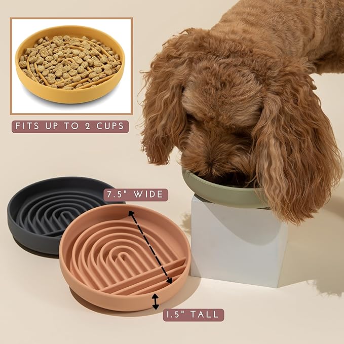 The Slowdown Bowl Silicone Slow Feeder for Dogs & Puppies, Slow Eating, Modern Lick Mat Design, Reduces Gulping, Fits 2 Cups 7.5” Across x 1.5” Tall, Mealtime Challenge, Medium-Sage