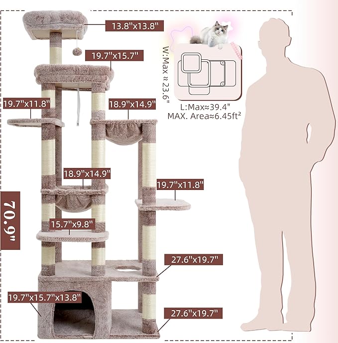 Heybly Heavy Duty Cat Tree, 71-Inch Tall Tower for Large Maine Coon with Extra-Large Baseboard, Cat Condo Furniture with Multi-Level Platforms, 2 Hammocks and 12 Scratching Posts, Muchroom HCT037MU