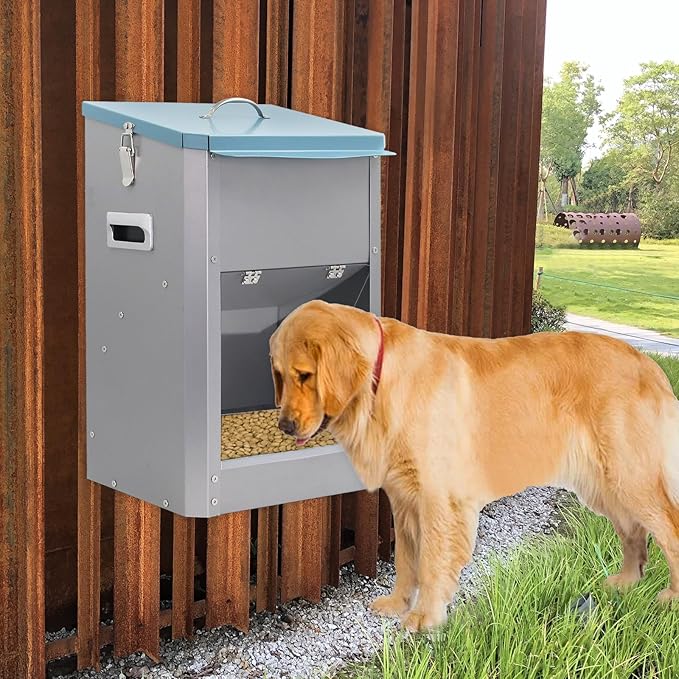 Automatic Dog Feeder Large Food Dispenser 25lbs Outdoor Pets Feeder Gravity Food Feeder Galvanized Metal for Dog, Cat, Small, Medium, and Large Breeds