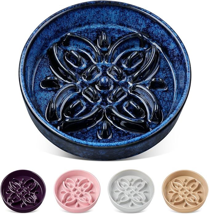 vancasso Ceramic Slow Feeder Dog Bowls, Puzzle Dog Food Bowls with Floral Maze, Anti -Slip Pet Food Dish for Small Breed, 0.6 Cups, Blue