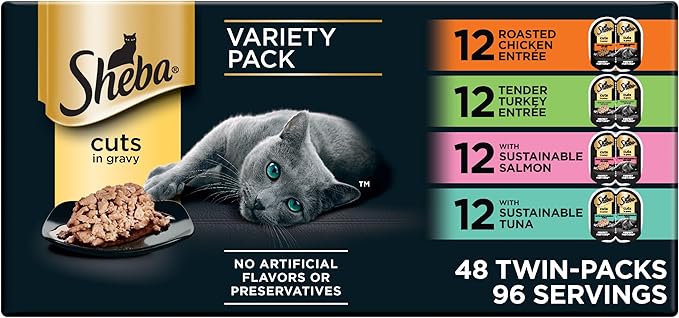 Sheba Perfect Portions Wet Cat Food Cuts in Gravy, Roasted Chicken Entree, Tender Turkey Entree, with Sustainable Salmon, and with Sustainable Tuna, 2.6 oz. Twin-Pack Trays (24 Count, 48 Servings)