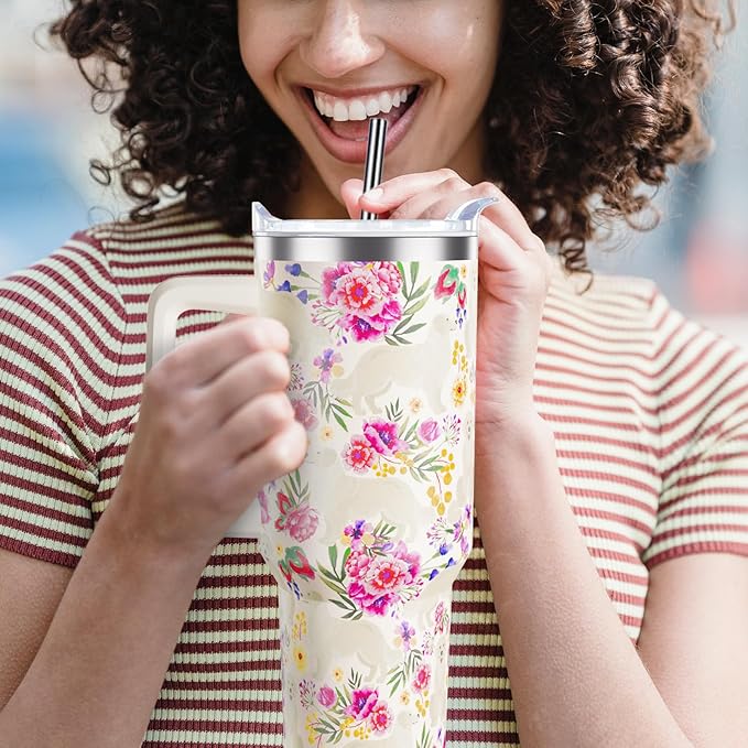 Golden Retriever Gifts for Women Dog Lovers 40 oz Floral Golden Retriever Tumblers with Handle and Straw, Stainless Steel Vacuum Insulated Travel Coffee Mug Cup Water Bottle