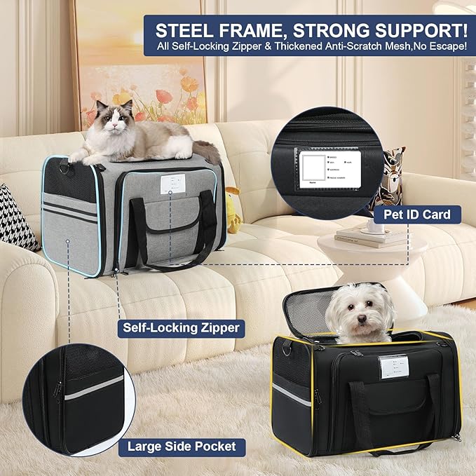 Pet Dog Cat Carrier Soft, Airline Approved Dog Carriers for Small Dogs, Washable Pet Carrier, Large Cat Travel Carriers, Portable TSA Carrier in Cabin, Soft Pet Bag Carrier for Puppy (Black)
