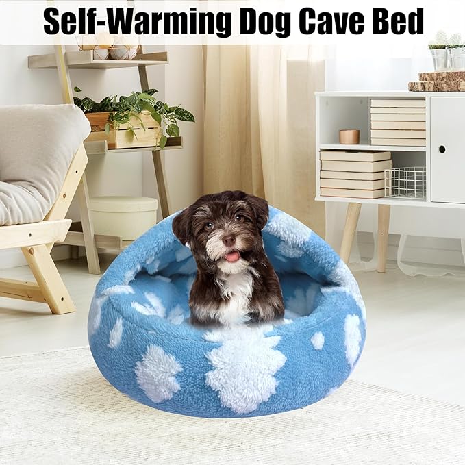 HYQ Cat Beds for Indoor Cats, Small Dog Bed with Cover Cave, Cozy Cat Cave Bed, Round Puppy Bed with Hooded Cover, Dog Beds for Small Dogs with Anti-Slip Bottom(Blue, 16×16 Inch)