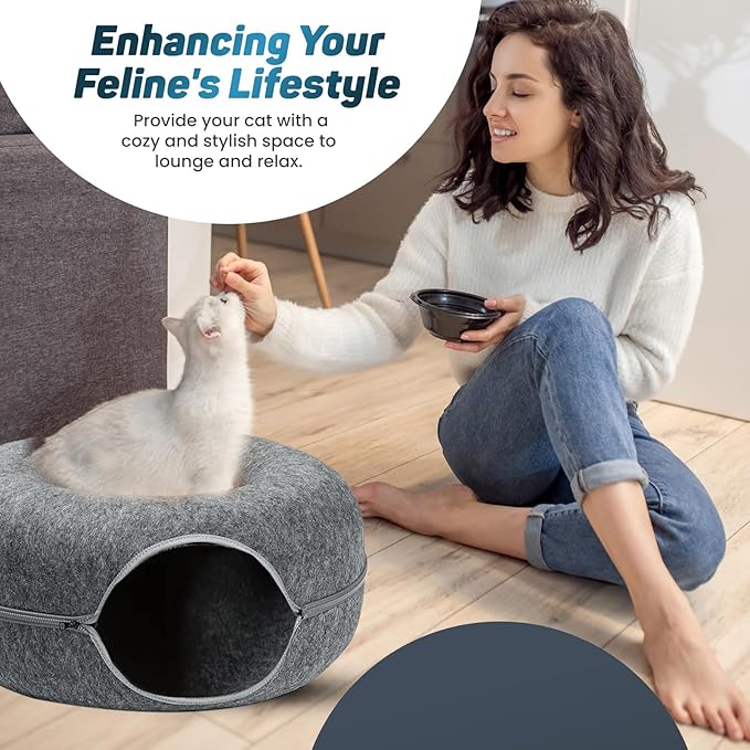Peekaboo Large Cat Cave and Tunnel Bed - Donut Cat Bed for Indoor Cats up to 30-45 lbs, Scratch Resistant, Detachable & Washable, Cat Donut Tunnel (Dark Gray, Large)