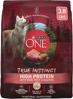 Purina ONE Natural High Protein Dry Dog Food Dry True Instinct with Real Beef and Salmon With Bone Broth and Added Vitamins, Minerals and Nutrients - (Pack of 4) 3.8 lb. Bags