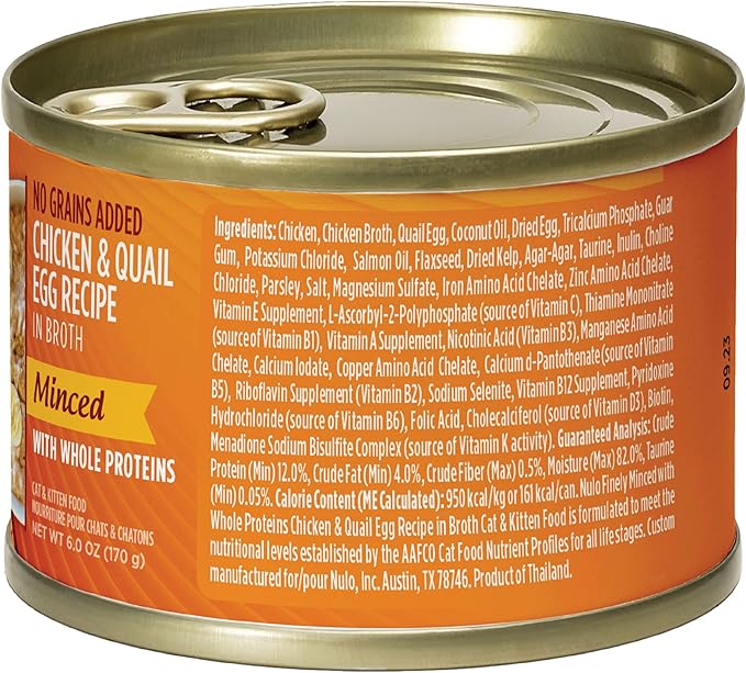 Nulo Minced with Whole Proteins Wet Canned Cat Food, Chicken and Quail Egg in Broth, 6.0 Ounce, 8 Cans