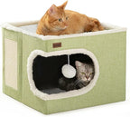 Cat Bed for Indoor Cats Cube House, Covered Cat Cave Beds & Furniture with Scratch Pad and Hideaway Tent, Cute Modern Cat Condo for Multi Small Pet Large Kitten Kitty, Green