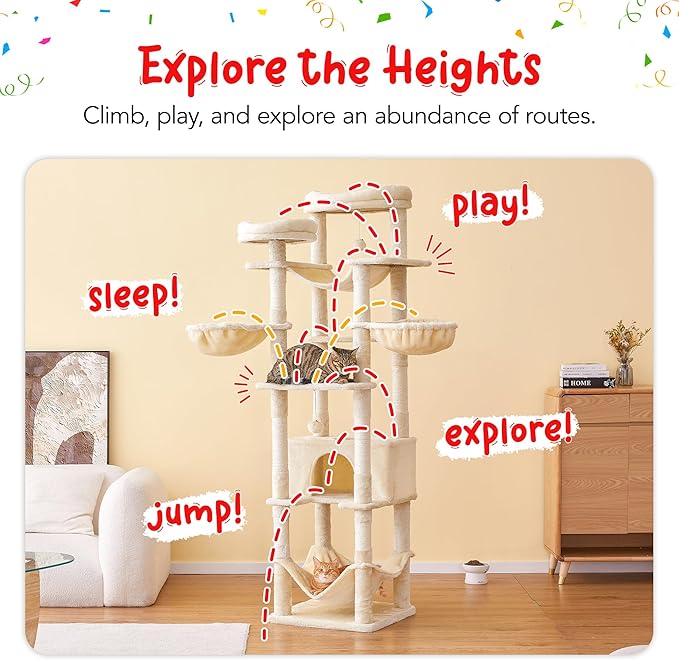77-Inch Tall Cat Tree, Multi-Level Large Cat Tower with 4 Hammocks, 2 Padded Perches, Cat Condo, Sisal Scratching Posts and Hanging Toys for Adult Cats, Beige