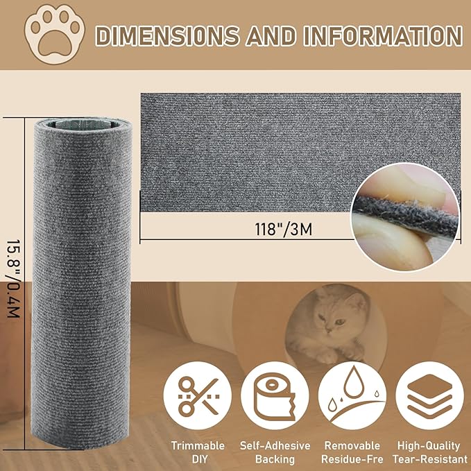 Cat Scratching Climbing Carpet Mat, Self-Adhesive Trimmable Anti Cat Scratcher Couch Furniture Protector from Cat Claws, Cat Post Covered Pad Replacement for DIY Cat Tree (Light Gray, 15.8" x 118")