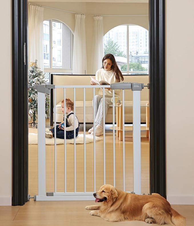 29"-57" Baby and Pet Safety Gate, 30" Tall Metal Walk-Thru Gate for Doorways & Stairs, Easy One-Hand Open, Dual Lock (Gray, 29" W x 30.5“H)