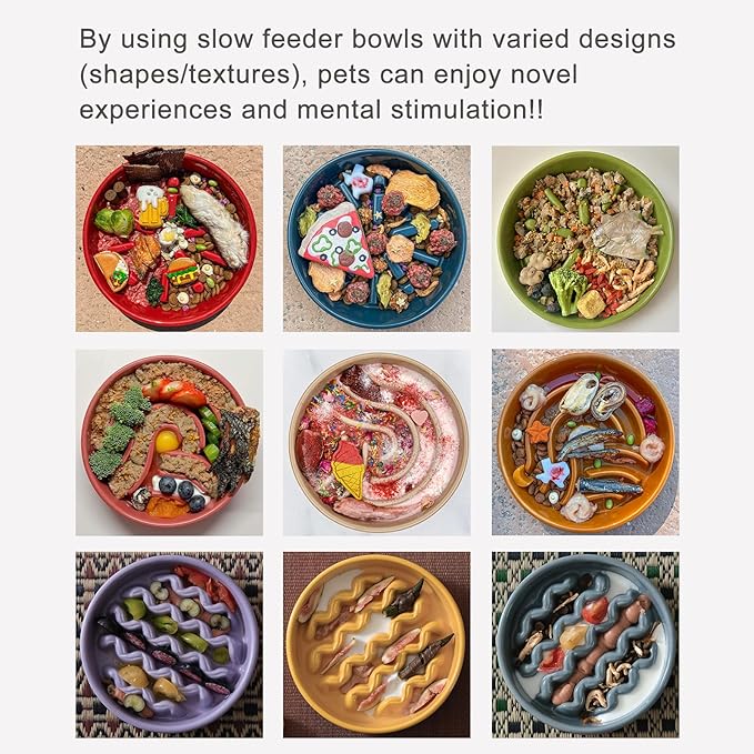 Ceramic Maze Dog Slow Feeder with Non-Slip Silicone Rim (& Bamboo Stand) – Heavy-Duty Stoneware Bowl with Puzzle Pattern for Bloating & Obesity Prevention (Raised-Red-M)