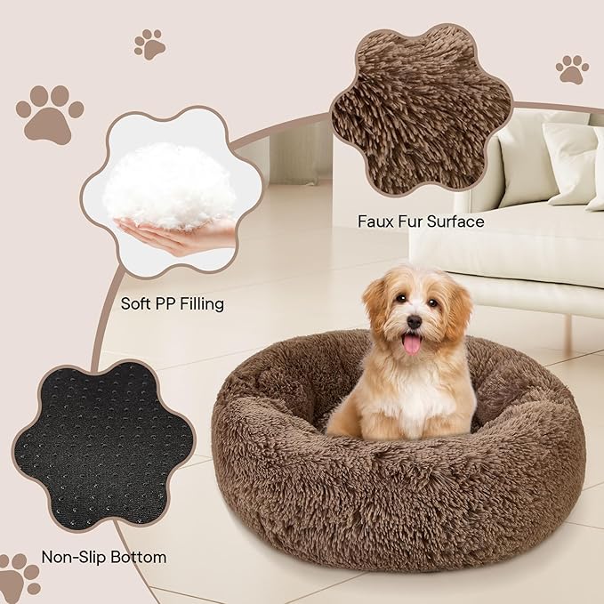 Calming Round Cute Cat & Dog Bed, Anti-Slip Washable Cozy Soft Round Pet Bed, Fluffy Faux Fur Plush Dog Cuddler Bed Fits up to 25 lbs Dogs and Cats(Donut Khaki, 24inch x 24inch)