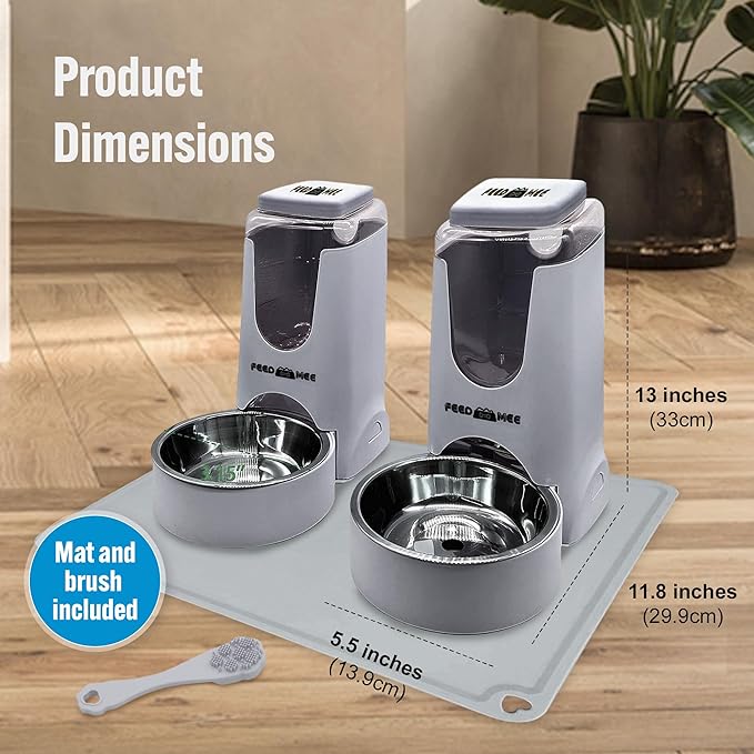 Automatic Cat Feeder Dog Water Bowl Dispenser – 2-Pack Automatic Dog Feeder with Silicone Mat, Pet Toothbrush – Safe Non-BPA Materials – Large Capacity for Small and Medium Animals Grey