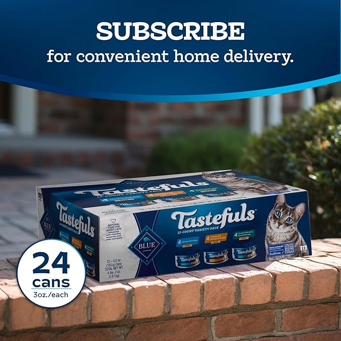 Blue Buffalo Tastefuls Wet Cat Food Paté Variety Pack, Made with Natural Ingredients, Chicken, Turkey & Chicken, Ocean Fish & Tuna Entrées, 5.5-oz Cans (24 Count, 8 of Each)