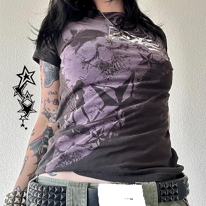 Gothic Tees for Women Y2K Grunge Graphic Short Sleeve Crew Neck T-Shirts 90s Vintage Aesthetic Emo Clothes