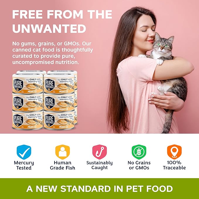 Minced Tuna and Chicken Wet Canned Cat Food, 100% Mercury-Tested, Moist Can Fish for Cats, Grain-Free, Protein, Non-GMO, 3oz, Pack of 12
