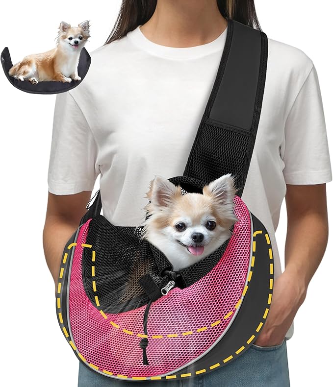 Upgrade Dog Sling Carrier (S,Pink) for Small Dogs/Cats Up to 10LB, Detachable Hard Bottom & Breathable Mesh, Large Storage Pocket, Adjustable Strap - Hands-Free Pet Carrier for Women Travel, Walking
