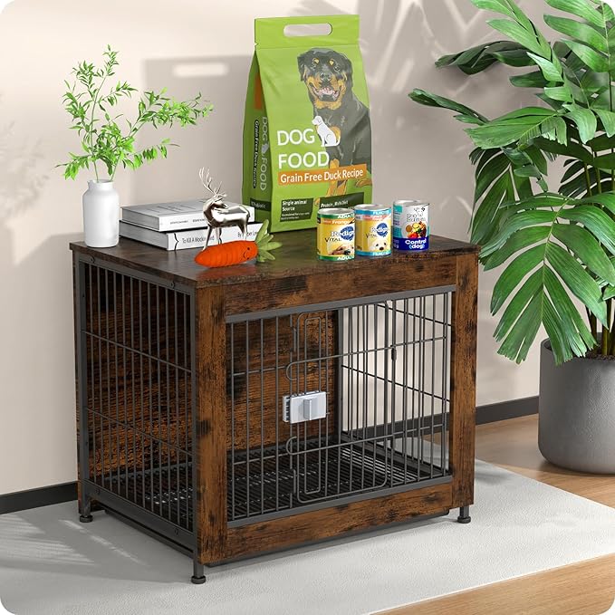 Dog Crate Furniture, Wooden Dog Crate 27in, Decorative Cage with End Table for Dog Indoor Kennel, High Anxiety Dog, Escape-Proof Locks for All Breeds