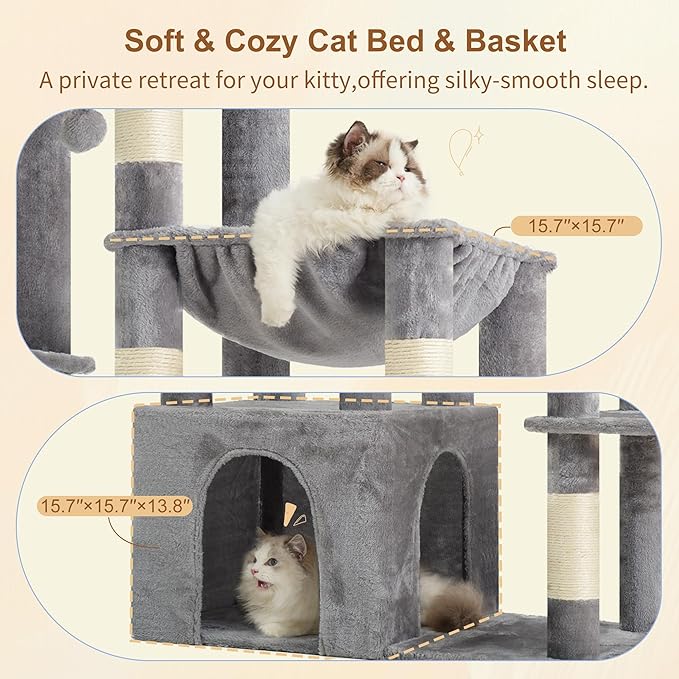 Heybly Heavy Duty Cat Tree, Tower for Indoor Cats large adult, Tall Cat Condo House with Extra-Large Baseboard, Multi-Level Plush Furniture with Scratching Posts, Hammock, Toy Ball, Light Gray HCT026W