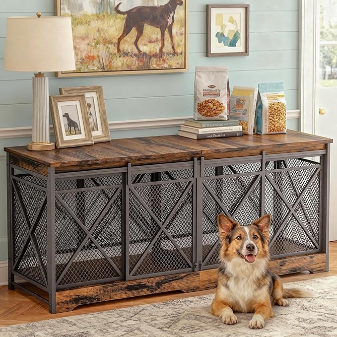 COZPAW 78 Inch Double Dog Crate Furniture, Extra Large Dog Kennel Indoor for 2 Dogs, Heavy-Duty Dog Cage with Divider, Wooden Dog House Decorative Table & Chew-Resistant Steel (Caramel Brown)