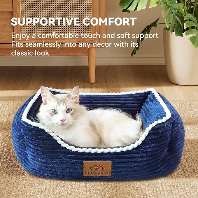 Cat Dog Bed for Pets, Rectangle Pet Bed Gift for Puppy and Kitten, Machine Washable Calming Fluffy Pet Couch Sofa for Indoor Outdoor, Portable Soft Cat Bed with Non-Slip Bottom (Small, Blue)