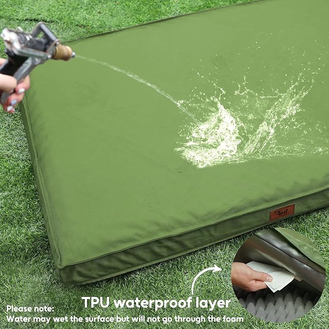 Outdoor Extra Large Dog Crate Bed, Big Waterproof Dog Bed for Large Dogs, Orthopedic Egg Foam Pet Bed Mat with Removable Cooling Cover, Light Green