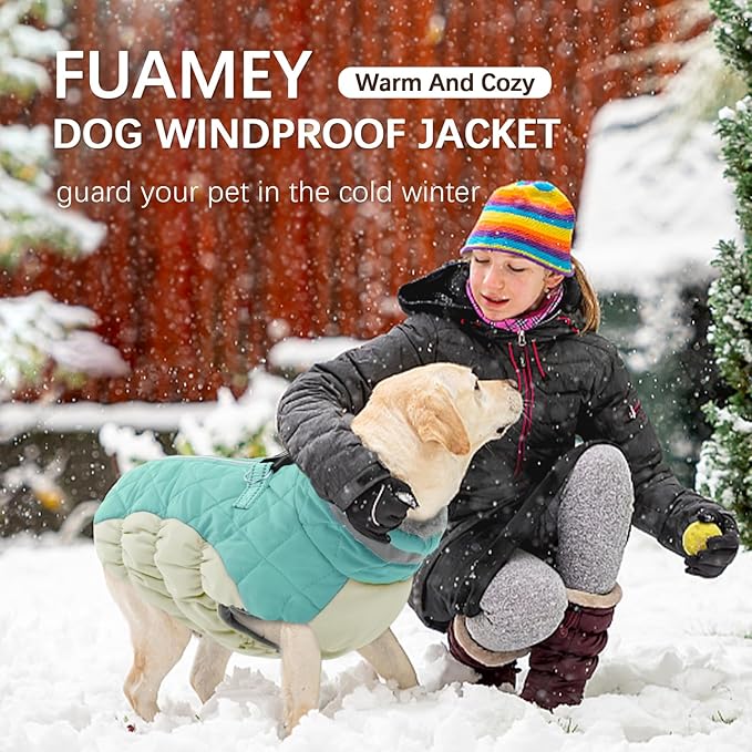 FUAMEY Dog Coat for Large Dogs,Waterproof Dog Winter Jacket with Harness Built in Puppy Cold Weather Coats Reflective Pet Vest with Zipper Warm Fleece Dogs Snowsuit Windproof Mint Green XL