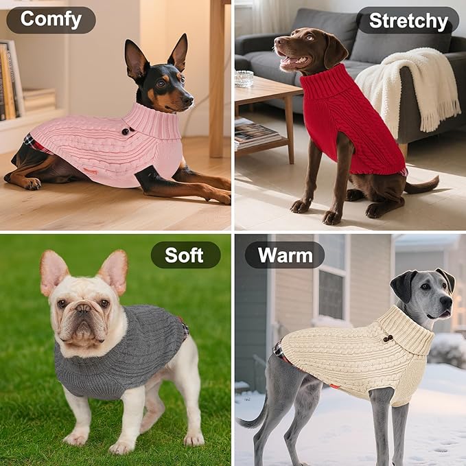 KYEESE Dog Sweater Soft Pullover Dog Sweaters for Small Dogs Male Warm Turtleneck Small Dogs Sweater with Gingham Patchwork Stretchy Knitwear Cat Clothes Thick Pet Coat for Fall Winter Cold Weather