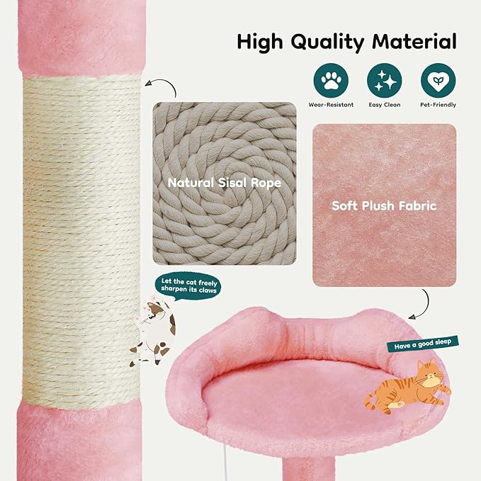 DUMOS 54-inch Indoor Cat Tree Tower –Multi-Level Pet House for Large Cats with 2 Condos, Scratching Posts, Round Platform, Small Ladder, and Toys, Pink