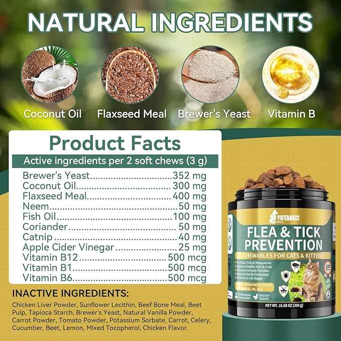 YOTANGO Natural Flea & Tick Support Chews for Cats & Dogs, 2-Pack Bundle for Natural Flea Prevention & Skin Health, 400 Chews Total, Safe & Effective, Plant-Based Formula for All Breeds
