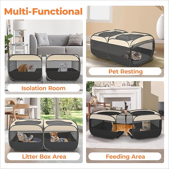 2-in-1 Pop Up Cat Playpen, Detachable into 2 Separate Pens with Additional Doors, Assembly-Free Portable Dog Crates Pet Pen Tent Kennel Kitten Puppy Enclosure Cage Indoor Outdoor Foldable Condo(M)