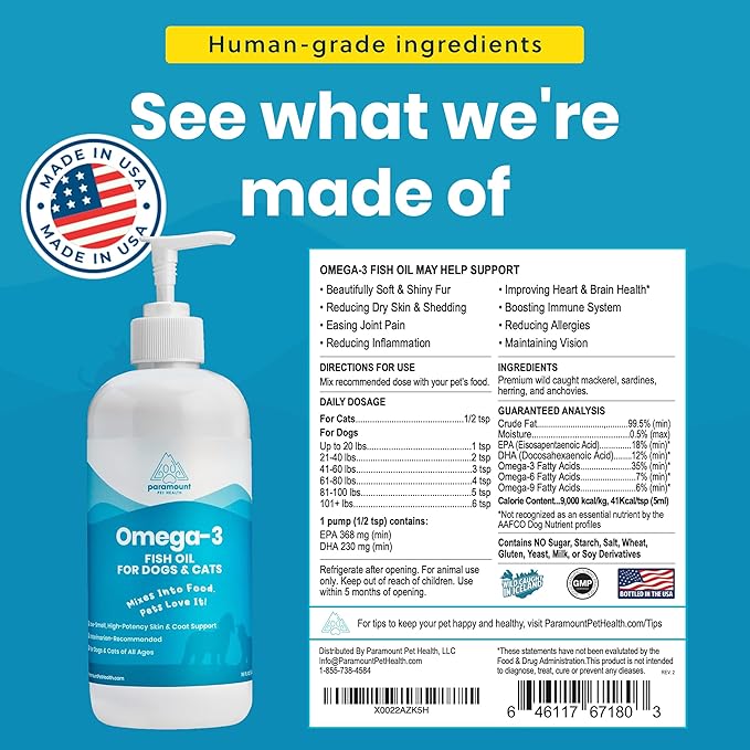 Wild-Caught Omega 3 Fish Oil for Dogs & Cats, Liquid EPA DHA Supplement for Skin, Coat, Joints & Heart, Low-Odor Omega 3 Drops for Small Dog Breeds & Cats with Itchy Skin, 16 oz