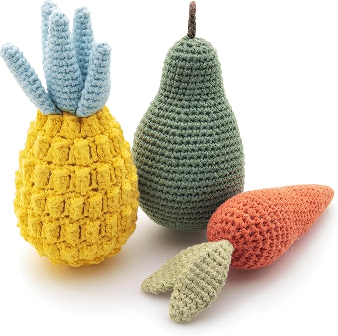 Organic Cotton Squeaky Dog Toys Fruits & Veggies Dog Toy Pack - Handmade Knit Dog Accessories, for Small Medium Dogs, Puppy Essentials and Puppy Toys Perfect Dog Gift