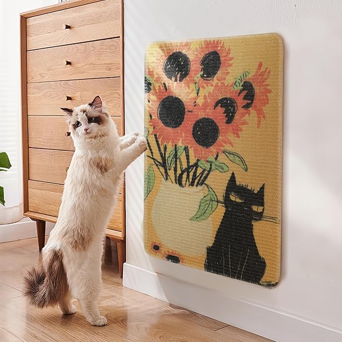 3-in-1 Sisal Cat Scratch Mat Sunflower 23.6x15.7'' Floor & Wall Cat Scratcher Pad, Protects Carpet Couch & Furniture with Sticker Tape, Anti-Slip, Durable for Indoor Outdoor Cats