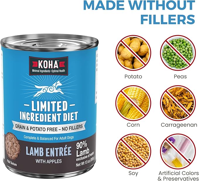 KOHA Limited Ingredient Diet Lamb Entrée for Dogs - Grain Free Wet Dog Food with No Fillers - Canned Dog Food Sensitive Stomach - 13 oz Pack of 12
