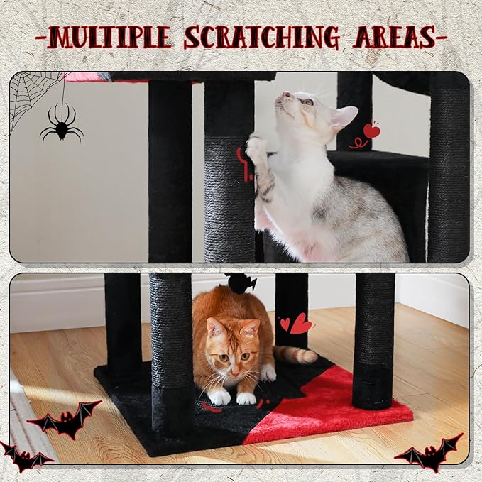PAWZ Road 70 Inch Cat Tower, Gothic Cat Tree with 2 Cozy Condos, 2 Plush Perch, Large Basket, 2 Scraching Pad & 6 Scraching Posts for Indoor Cats Large Adult