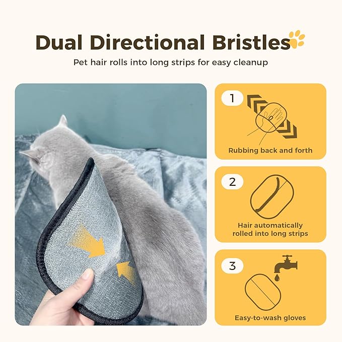 3 Pcs Electrostatic Pet Hair Removal Gloves with Bidirectional Bristle Design, Washable Reusable Cat Dog Hair Remover Grooming Glove Tool for Furniture, Bed Sheets,Car Seat (Black)