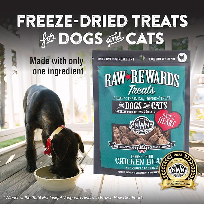 Northwest Naturals Raw Rewards Freeze-Dried Chicken Heart Treats for Dogs and Cats - Bite-Sized Pieces - Healthy, 1 Ingredient, Human Grade Pet Food, All Natural, Proudly Made in USA, 3 Oz