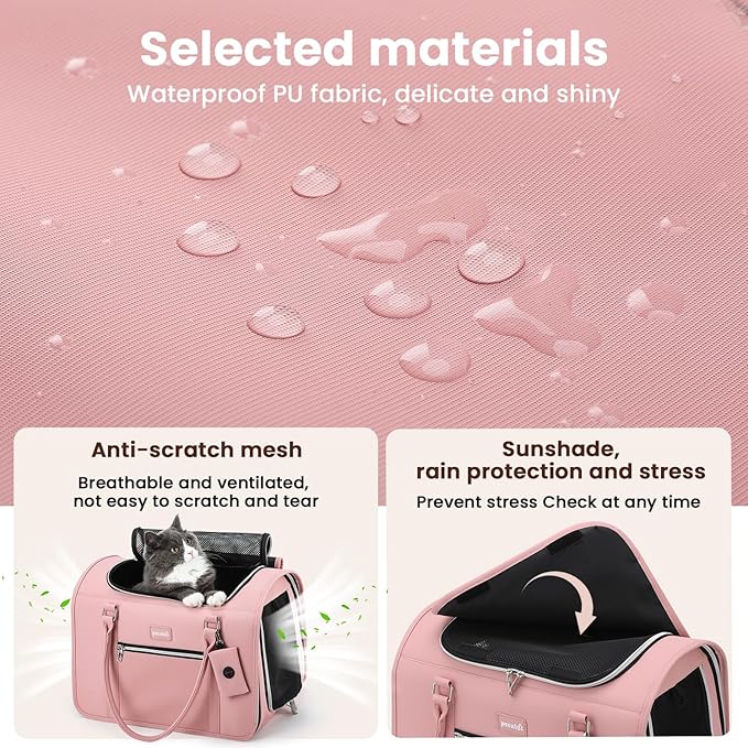 Pecute Stylish Cat Carrier Up to 13lbs, Soft Sided Small Dog Travel Carriers, Collapsible Pet Carrier for Small Cats and Dogs with Locking Safety Zippers, Puppy Carrier Airline Approved -Pink
