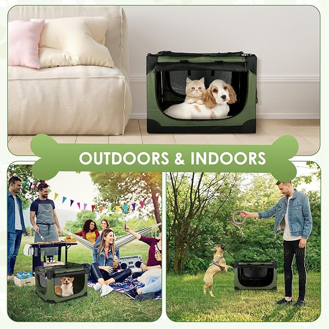 Soft Small Dog Crate - 24 inch Portable Travel Puppy Crate for Small Pets or 2 Cats, Collapsible Pet Carrier with 4 Mesh Doors, Car Kennel for Dogs with Handle for Indoor and Outdoor, Green