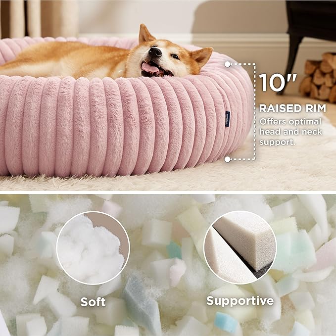 Bedsure Donut Large Dog Bed - Washable Faux Fur Dog Beds Large Sized Dog with Corduroy Fleece & Anti Slip Bottom, Round Pet Beds with Removable Cover, Blush Pink, 36x36x10 inches