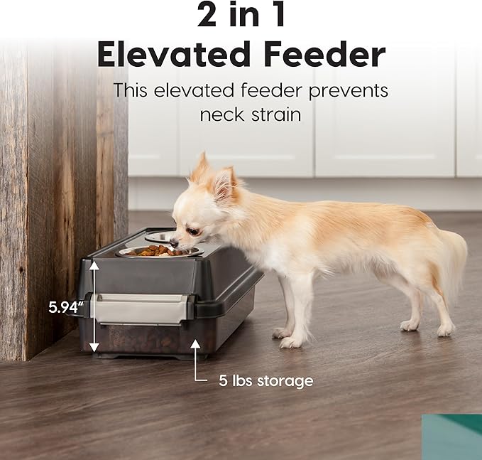 IRIS USA 2-in-1 Elevated Dog Bowls 6" H with Airtight Pet Food Storage Container Holds Up to 5 Lbs, Removable 2 Thick 16 oz Stainless Steel Bowls, at Home or Camping Pet Dish Bowl Set, Smoke/Black