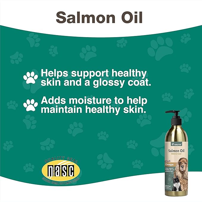 NaturVet – Salmon Oil Skin & Coat Plus Omegas – Supports Healthy Skin & Glossy Coat – Source of Omega-3 & 6 Fatty Acids – for Dogs & Cats (8.75 oz Oil)