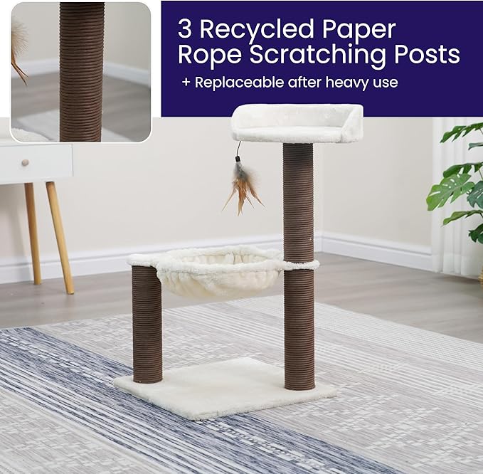 Catry Nirvana 3-Level Kitten Tree with Plush Perch, Soft Hammock, and Paper Rope Scratching Posts, Minimalist Cat Furniture for Climbing, Scratching & Resting, Ideal for Kittens & Small Cats, Beige