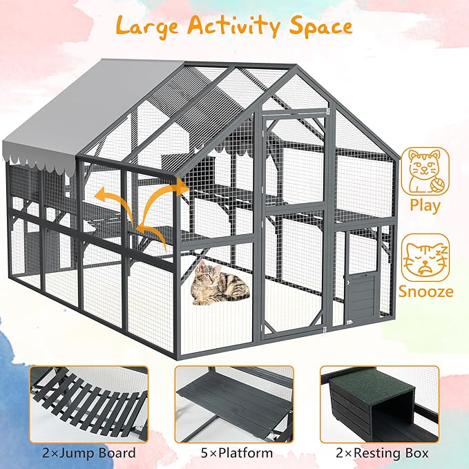 110" Wide Catio Enclosure,Wooden Outdoor Cat Catio - XL Walk-in w/60 Human Door, 2 Suspension Bridges & 5 Platforms | Weatherproof Oxford Roof & Safety Latches,(Gray)