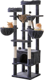 66-Inch Tall Cat Tree for Indoor Cats, Multi-Level Large Cat Tower with 3 Hammocks, 2 Padded Perches, cat Tree Tower with Scratching Post and Hanging Toys for Large Adult,Smoky Grey